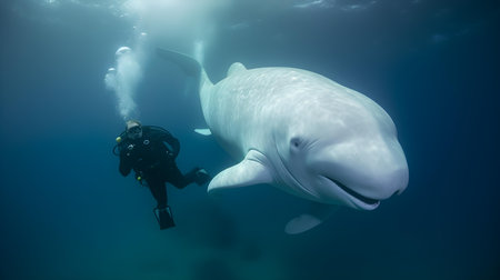 Diver and whale in the ocean. Underwater photo of a white whale.の素材