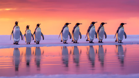 Group of penguins on the ice floe at sunset in Antarcticaの素材