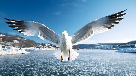 Seagull flying on the ice of a frozen lake in winterの素材