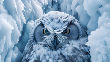 Snowy owl in a cave of ice, blue toned imageの素材