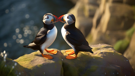 Puffins on a rock with a red heart in its beakの素材
