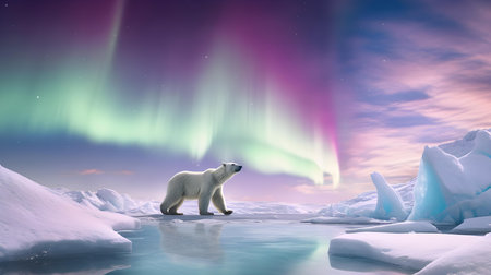 Polar bear on ice floe with aurora borealis, 3d renderの素材