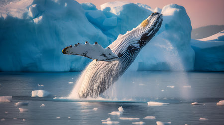 Humpback whale jumping out of icebergs, Antarctic Peninsula, Antarcticaの素材