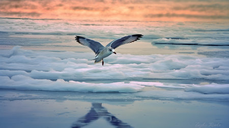 Seagull flying on ice floe in the sea at sunsetの素材