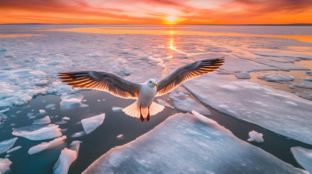 Seagull flying over the ice floe in the ocean at sunsetの素材