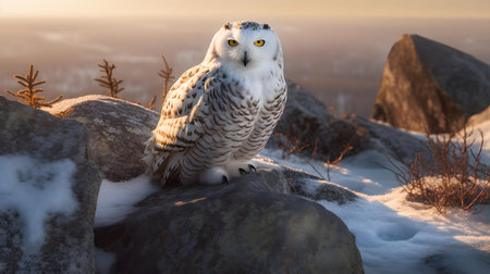 Snowy owl sitting on a rock in the sunset light. Beautiful winter scene.の素材