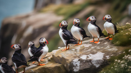 Puffins on the rocks in the Farne Islands, Denmarkの素材