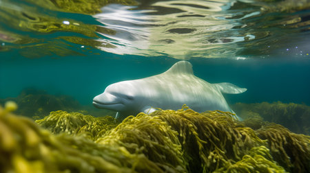 White dolphin swimming in the sea, close-up underwater photo.の素材