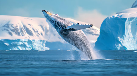 Humpback whale flying over icebergs in Antarctica. 3d illustrationの素材