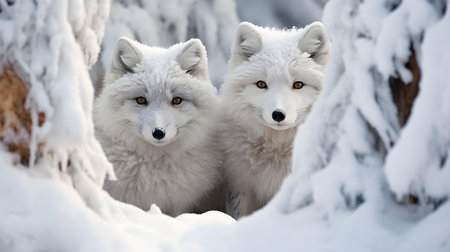Two white arctic foxes in winter forest. Animals in wildlife.の素材