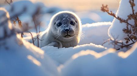 Gray Seal (Halichoerus grypus) pup in the snow.の素材