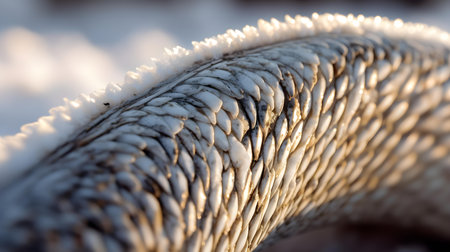 Close-up of a pelican on a snowy winter day.の素材