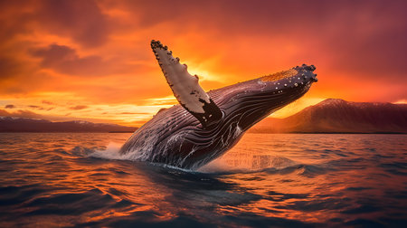 Humpback whale in the sea at sunset. 3d renderingの素材