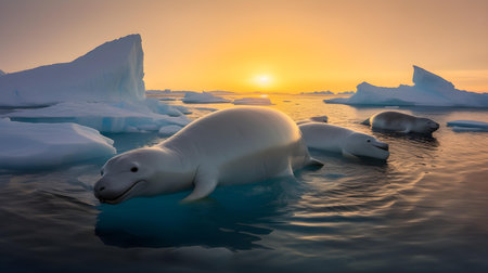 Antarctic polar bear on the ice floe at sunset.の素材