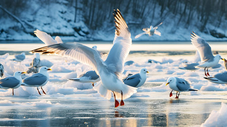 Seagulls on the ice of the frozen lake in winterの素材