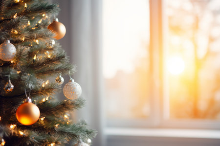 Christmas pastel background with beautiful light from the window and Christmas tree with ballsの素材