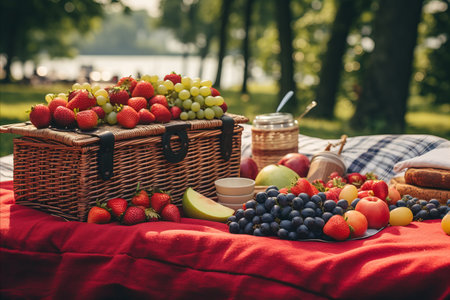 blanket with healthy foods -homemade bread, fresh fruit strawberries and grapes. Picnic in forestの素材