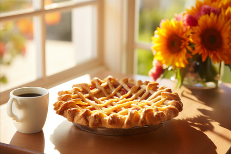 freshly baked homemade pie stands on the windowsill next to a cup of coffee, bouquet of wildflowersの素材