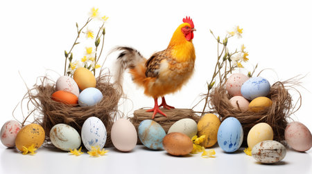 A festive Easter concept featuring beautifully painted eggs, a charming little chicken, and delicate pastel-colored branches set on a clean white background, perfect for the holiday season.の素材