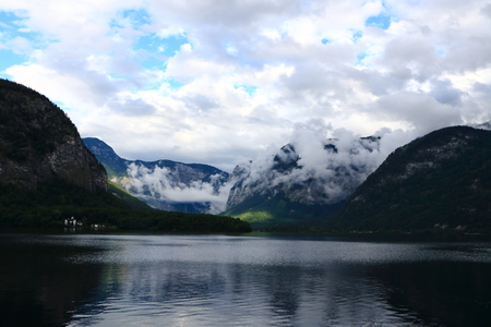 Beautiful view of classic buildings in Hallstatt of Austriaの写真素材