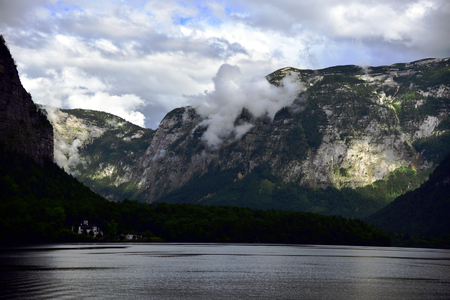 Landscape of mountain and lake in Hallstatt of Austriaの写真素材