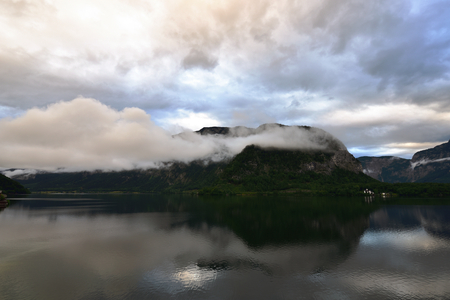 Landscape of mountain and lake in Hallstatt of Austriaの写真素材