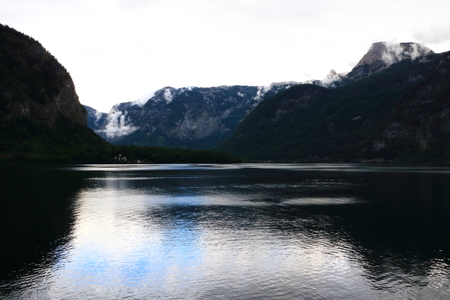 Landscape of mountain and lake in Hallstatt of Austriaの写真素材