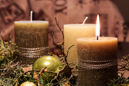 Pre-Christmas Time - Christmas wreath with candle-lit Christmas tree balls for decorationの写真素材