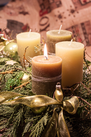 Pre-Christmas Time - Christmas wreath with candle-lit Christmas tree balls for decorationの写真素材