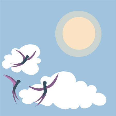 Two swallows flying in the sky with sun, vector illustrationのイラスト素材