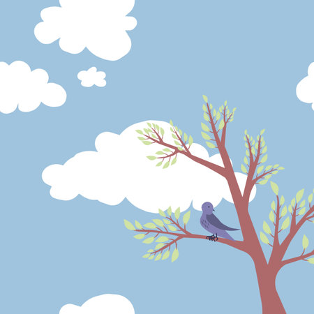 Vector illustration of a tree with a bird on a blue sky backgroundのイラスト素材