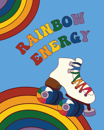 Vector illustration in groovy retro psychedelic style with rainbow, vintage roller skate shoe and...