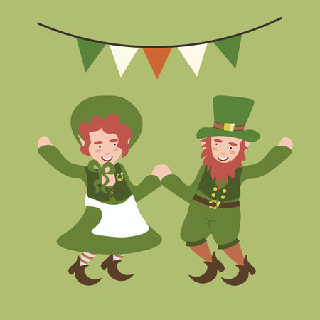 Leprechauns couple in green costume. Vector illustrationのイラスト素材