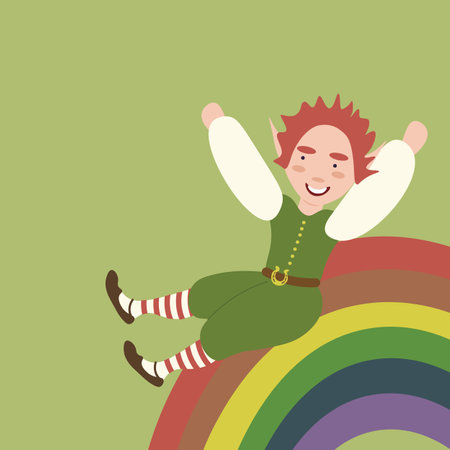 Cute elf sitting on rainbow over green background. Vector illustration.のイラスト素材