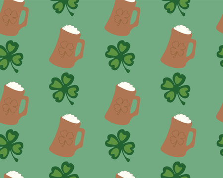 Seamless pattern with beer and clover for St. Patrick's Dayのイラスト素材