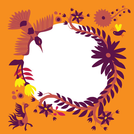 Vector illustration. Round frame made of traditional Mexican Otomi embroidery elements, plants and fantastic animals. Free space for text or an image in the middleのイラスト素材