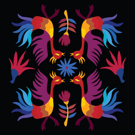 Square vector illustration with birds and flowers inspired by traditional Mexican Otomi embroidery on black backgroundのイラスト素材