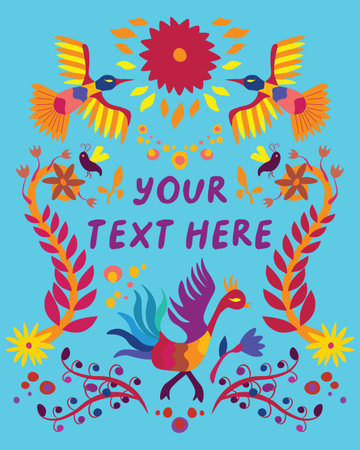 Beautiful vector illustration of floral frame with birds and flowers on blue backgroundのイラスト素材