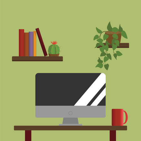 Flat design modern vector illustration concept of home office workspace with computer, bookshelf, coffee cup and plant.のイラスト素材