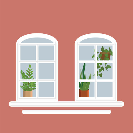 Flowers on the windowsill. Vector illustration in flat style.のイラスト素材