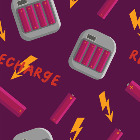 Seamless pattern with electric batteries. Vector illustration in flat style.のイラスト素材