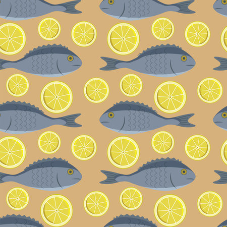 Vector seamless pattern with dorado fish and lemon slices on yellow. Wallpaper, background, paper or textile printのイラスト素材