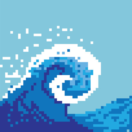 Vector pixel art illustration of a sea wave on a blue background.のイラスト素材