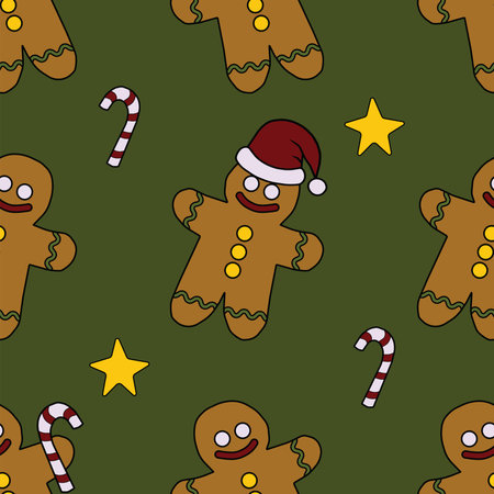 Seamless Christmas pattern with gingerbread man and candy canesのイラスト素材