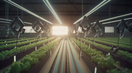 high tech agriculture farm with robots cinematic lights created with generative ai technologyの素材