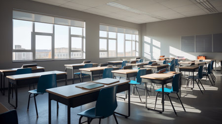 well organized classroom with rows of desks and chairs AI generated illustrationの素材