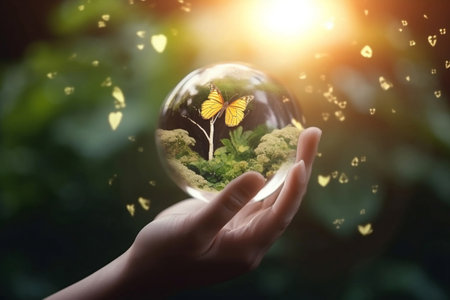 human hand holding a glass globe AI generated illustrationの素材