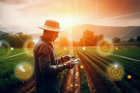 A close-up shot of a farmer in a field using a tablet to monitor crop growth and weather conditions, showcasing modern technology in agriculture ai generated artの素材
