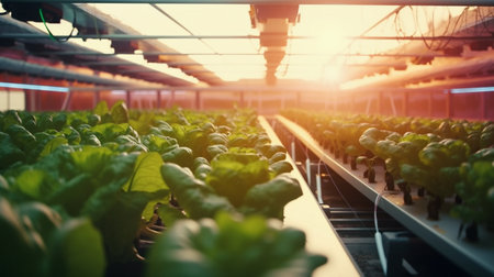 futuristic agriculture farm with robotic arms and LED lights, illustrating the use of advanced automation and lighting systems for efficient crop cultivation ai generated artの素材