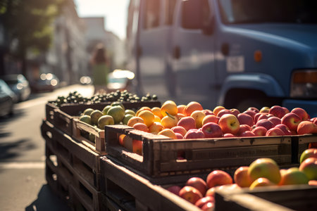 Farm to table delivery service bringing farm-fresh produce to city dwellers with a delivery truck carrying crates of vibrant fruits and vegetables ai generated illustrationの素材